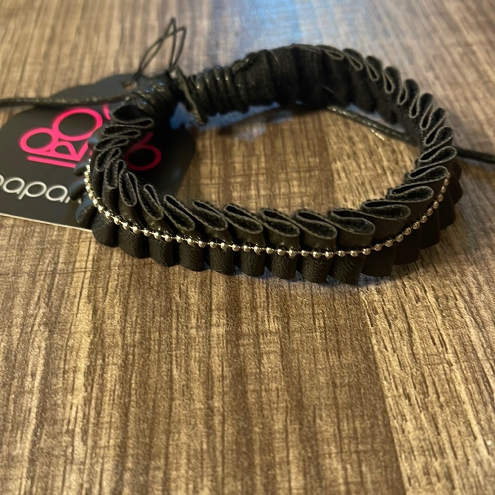 NWT Black leather like pleated drawstring bracelet.